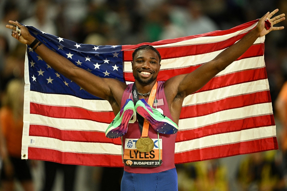 Gold medallist Noah Lyles of the US celebrates after the World Athletics Championship men’s 200m final at the National Athletics Centre, Budapest August 25, 2023. — Reuters pic  