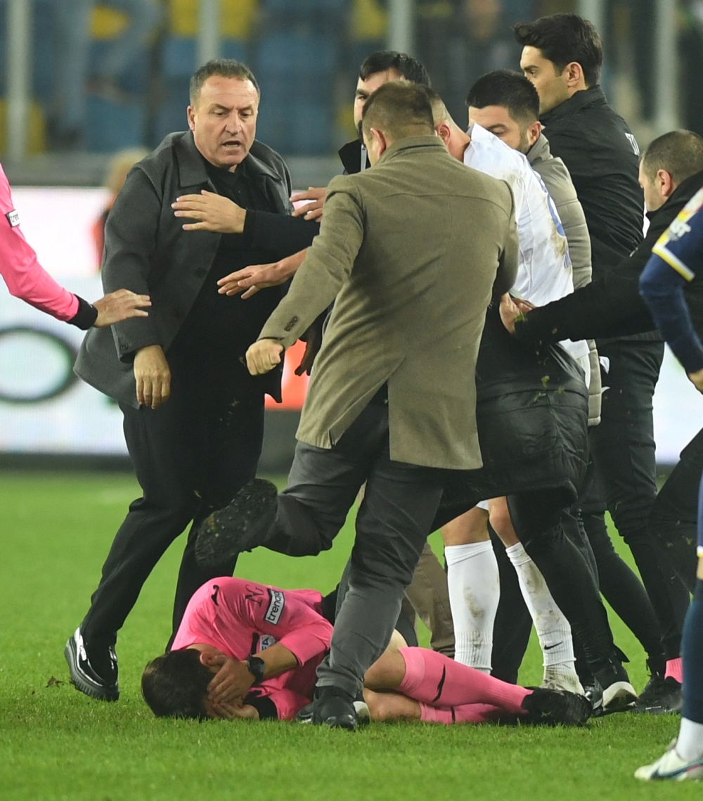 MKE Ankaragucu President Faruk Koca reacts as the referee Halil Umut Meler lies on the ground at the end of their Super Lig home match against Caykur Rizespor at the Eryaman Stadium in Ankara December 11, 2023. — Reuters pic