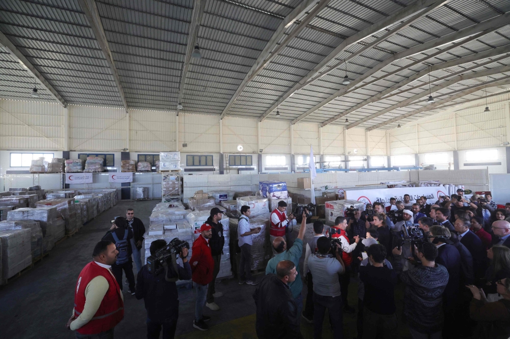 Aid for Gaza is seen in an Egyptian Red Crescent humanitarian society depot during the UN Security Council ambassadors' visit to Rafah on December 11, 2023. — AFP pic