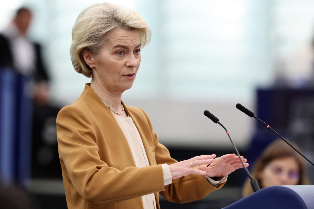 European Commission President Ursula von der Leyen delivers a speech during a plenary session at the European Parliament in Strasbourg December 13, 2023. — AFP pic