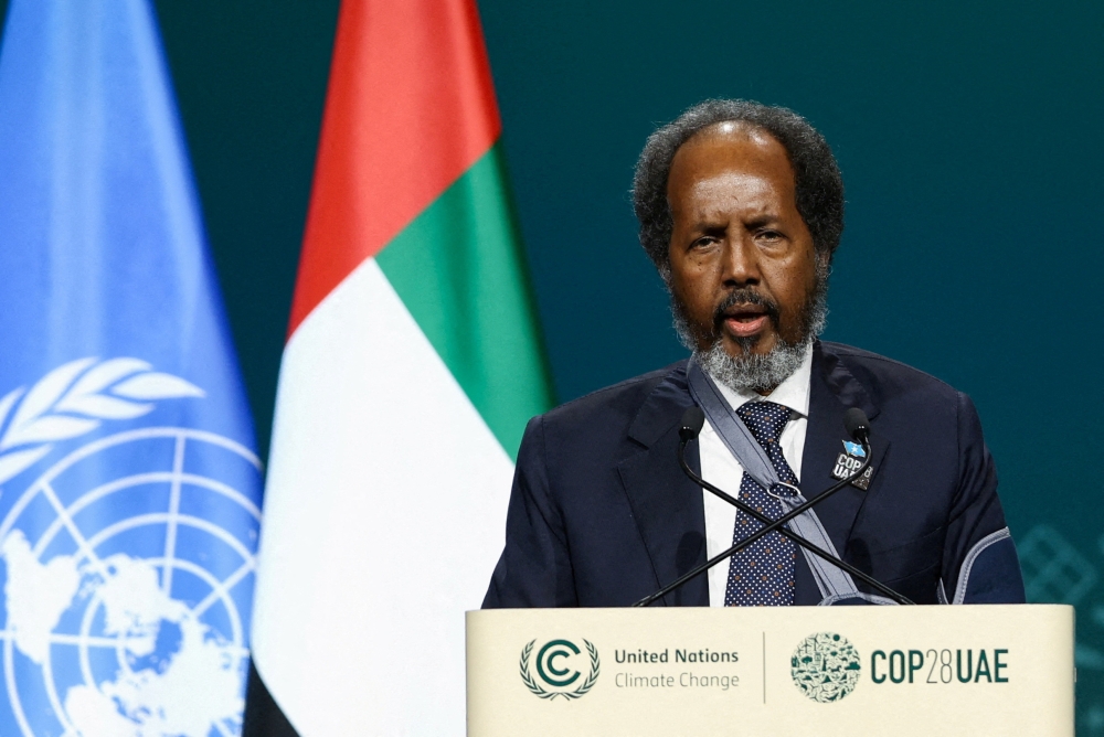 Somalia's President Hassan Sheikh Mohamud delivers a national statement at the World Climate Action Summit during the United Nations Climate Change Conference (COP28) in Dubai December 1, 2023. Turkish Justice Minister Yilmaz Tunc said today he expected the son of Somalia’s president to return to Turkiye in coming days to participate in a court case over a fatal car accident involving his use of a diplomatic car. — Reuters pic  