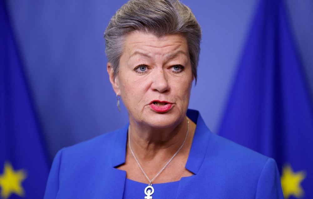 European Commissioner for Home Affairs Ylva Johansson gives a press conference in Brussels January 19, 2023. — Reuters pic  