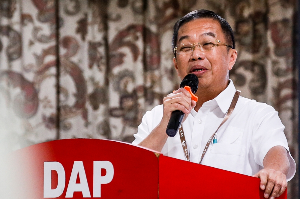 FT KL DAP chairman Tan Kok Wai delivers his speech at the DAP Federal Territory 2023 Annual Convention at DAP headquarters in Kuala Lumpur, December 17, 2023. — Picture by Hari Anggara