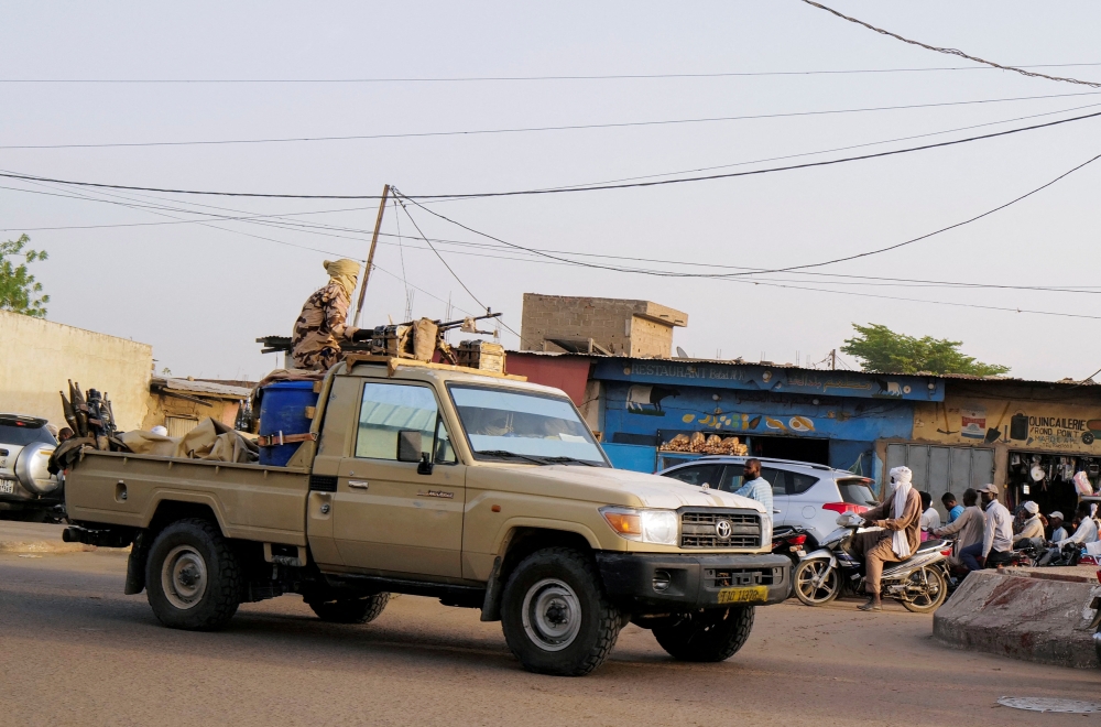 Members of the security forces patrol Chad's capital N'Djamena following the battlefield death of President Idriss Deby in N'Djamena, Chad April 26, 2021.  — Reuters pic