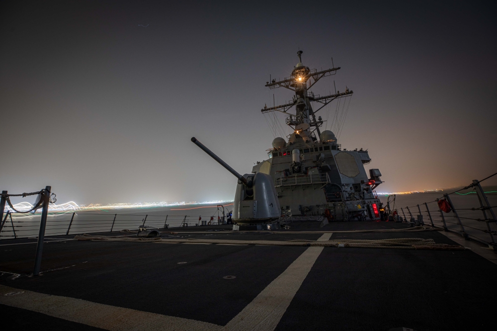 In this image obtained from the US Department of Defense, the Arleigh Burke-class guided-missile destroyer USS Carney transits the Suez Canal on November 26, 2923. — AFP pic via US Department of Defence/US Navy Mass Communication Specialist 2nd Class Aaron Lau