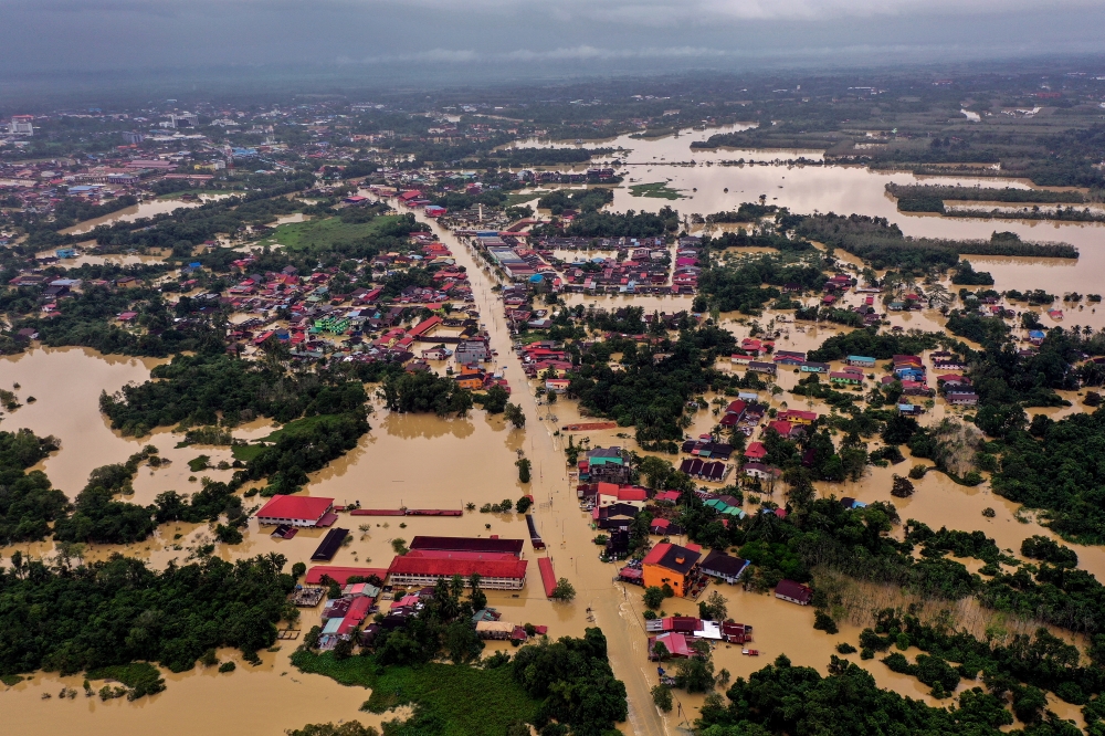 An aerial view of the flood situation in Pasir Mas December 26, 2023. — Bernama pic