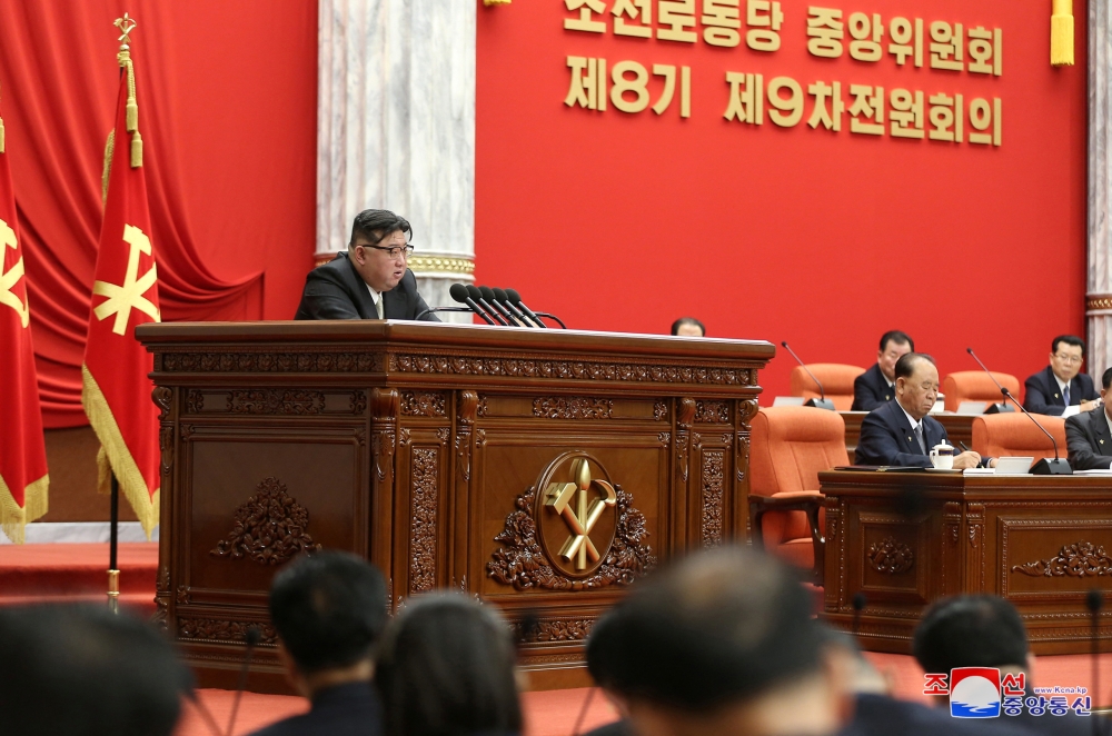 North Korean leader Kim Jong-un attends the December 2023 plenary meeting of the Central Committee of the Workers' Party of Korea, in Pyongyang, North Korea in this picture released by the Korean Central News Agency on December 28, 2023. — KCNA via Reuters pic