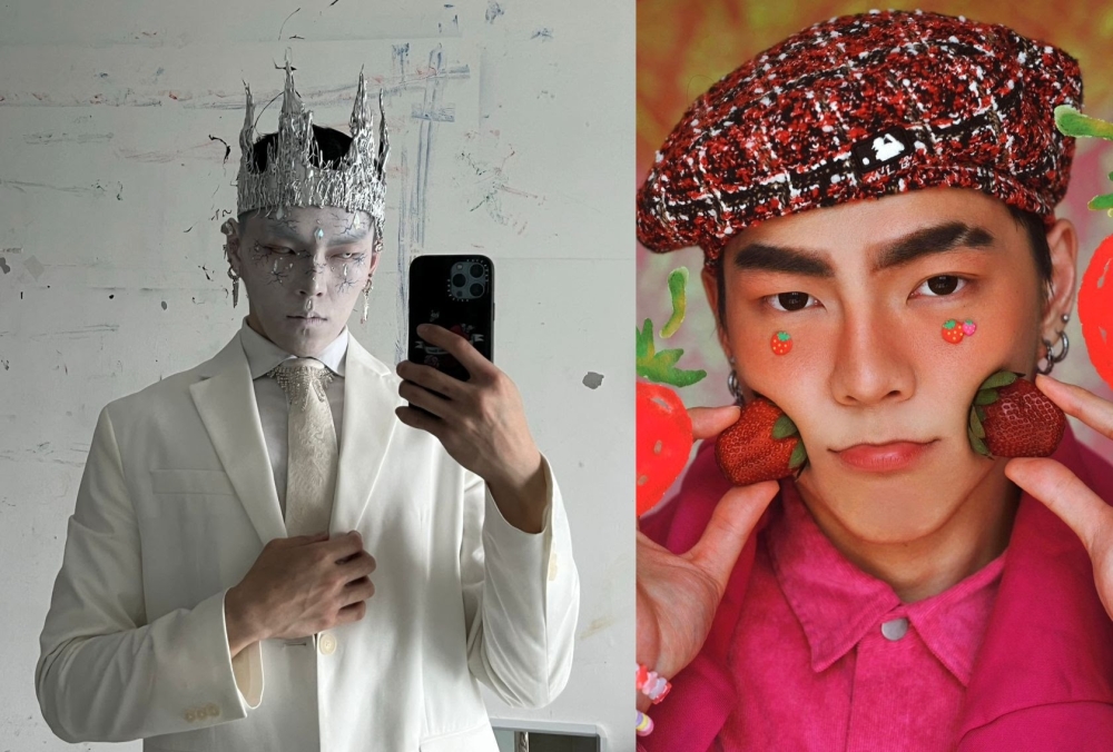 Lau as the snow king and (right) in strawberry makeup. — Pictures courtesy of Lucas Lau
