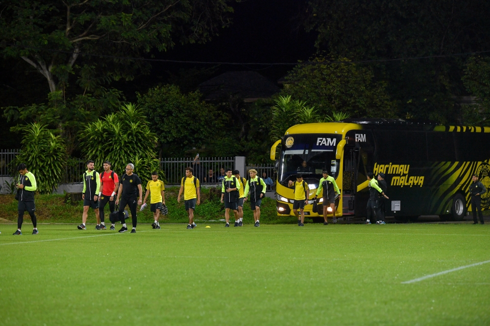 Members of the Harimau Malaya squad attend a training session at Wisma FAM in Petaling Jaya December 28, 2023. — Bernama pic 