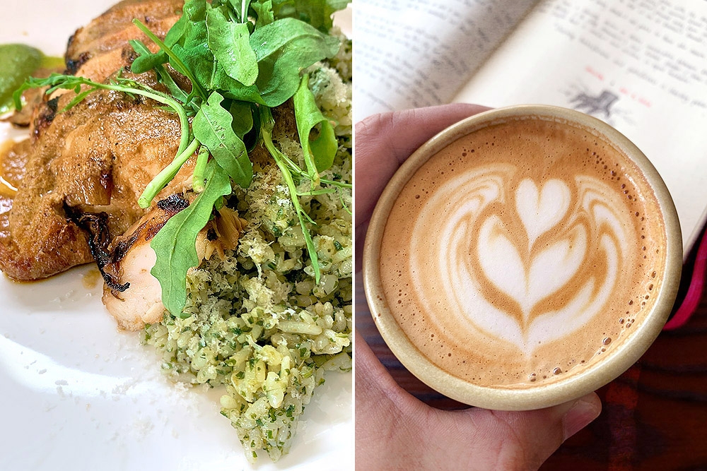 The pilaf-like pesto rice goes well with one of Ebony & Ivory’s specialty milk coffees.