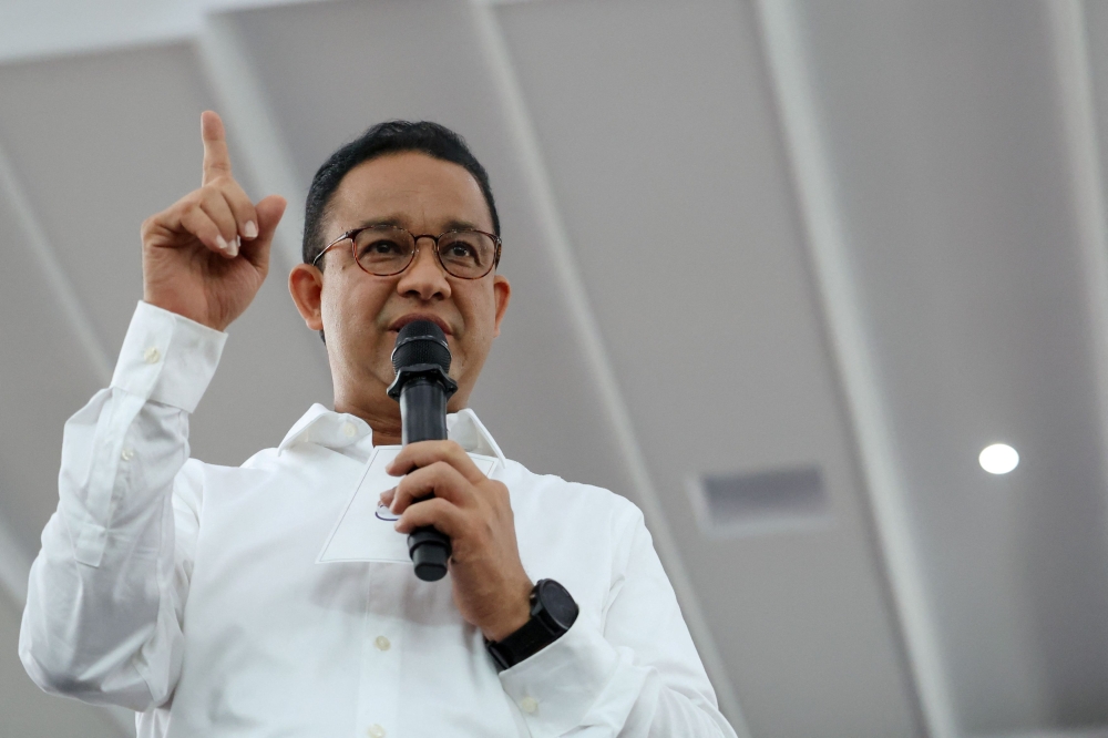 Former Jakarta Governor and presidential candidate Anies Baswedan gestures as he speaks during his campaign at the Islamic Centre in Ciamis, West Java province, Indonesia, January 4, 2024. — Reuters pic