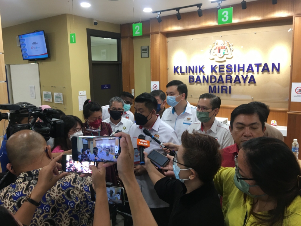 Lukanisman speaks to reporters after visiting the new Miri City Health Clinic. ― Borneo Post pic