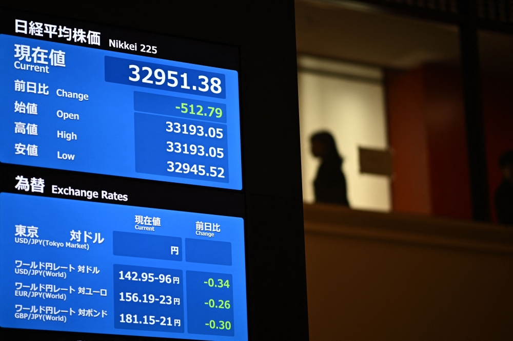 The opening numbers of the Nikkei 225 are displayed on the first trading day of the new year at the Tokyo Stock Exchange in Tokyo on January 4, 2024. — AFP pic 