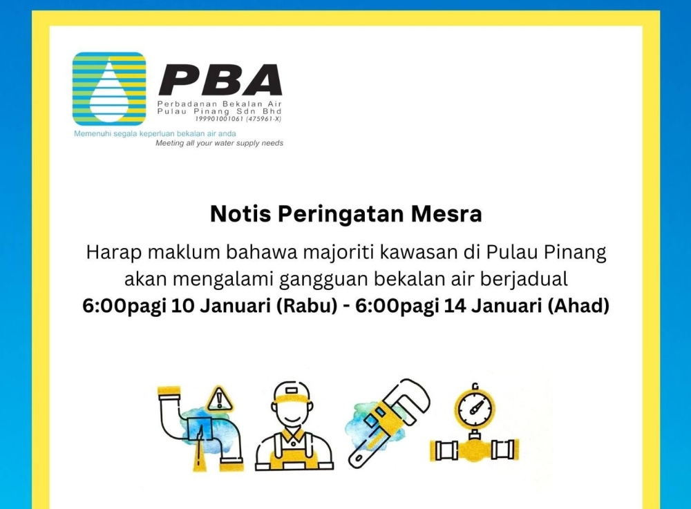 PBAPP chief executive officer, Ir K.Pathmanathan, said at least 101 areas in the Seberang Perai Utara (SPU) dan Seberang Perai Tengah (SPT) districts will receive water supply after 48 hours of the scheduled disruption. — Screenshot of PBAPP Facebook announcement