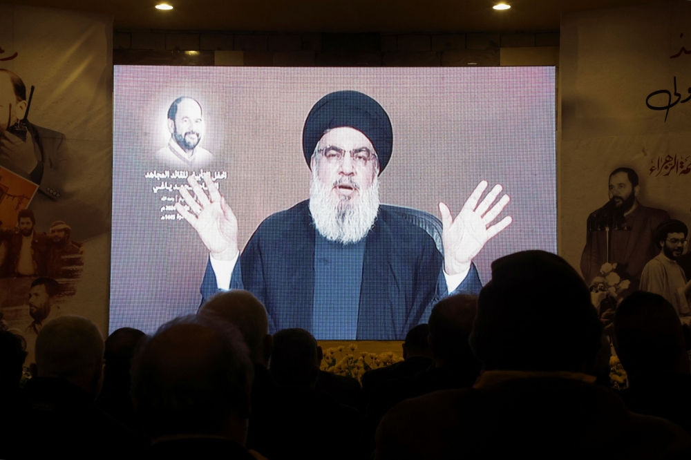 Lebanon's Hezbollah leader Sayyed Hassan Nasrallah gives a televised address at a memorial ceremony to mark one week since the passing of Mohammad Yaghi, one of the powerful armed group's figures, in Baalbek, Lebanon January 5, 2024. — Reuters pic  