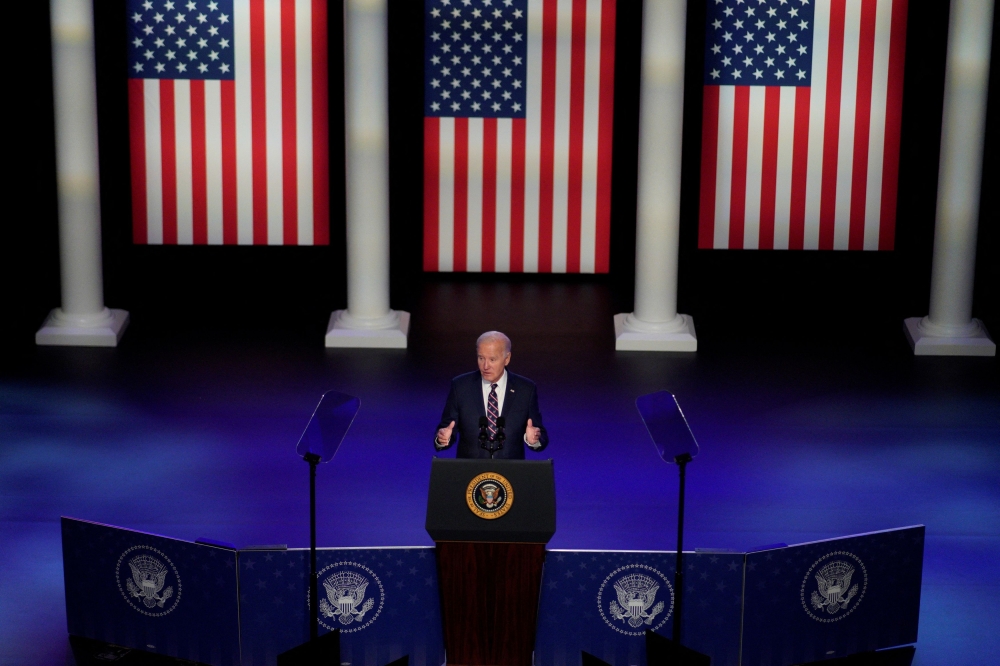 US President Joe Biden delivers a speech to mark the third anniversary of the January 6, 2021 attack on the US Capitol at a campaign event at Montgomery County Community College, in Blue Bell, near Valley Forge, Pennsylvania January 5, 2024. ― Reuters pic