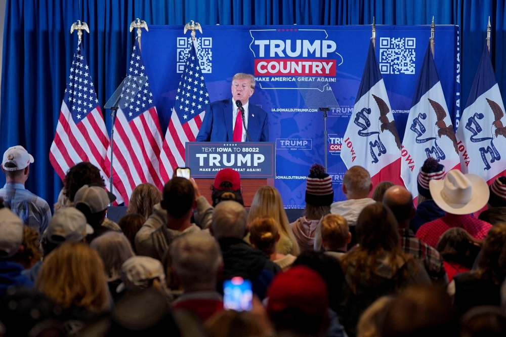 Former US President and Republican presidential candidate Donald Trump campaigns, in Sioux Center, Iowa January 5, 2024. ― Reuters pic