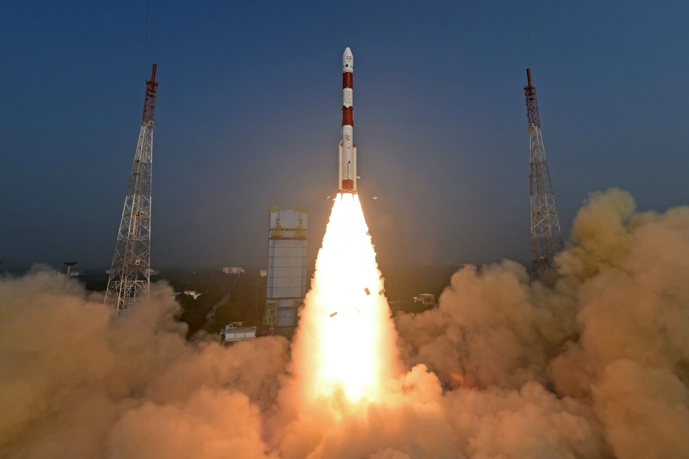 This handout photo taken and released by Indian Space Research Organisation (ISRO) on January 1, 2024 shows the lifting-off the PSLV-C58 rocket carrying the X-ray Polarimeter Satellite (XPoSat) from the Satish Dhawan Space Centre in Sriharikota. ― AFP pic