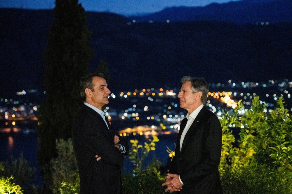 US Secretary of State Antony Blinken meets with Greek Prime Minister Kyriakos Mitsotakis, during his week-long trip aimed at calming tensions across the Middle East, in Crete, Greece, January 6, 2024. — Reuters pic 