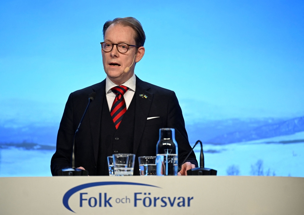 Defense Minister Tobias Billstrom speaks about the future of Sweden's security policy at the Society and Defense National Conference, in Salen, Sweden 7 January 2024. — TT News Agency via Reuters pic