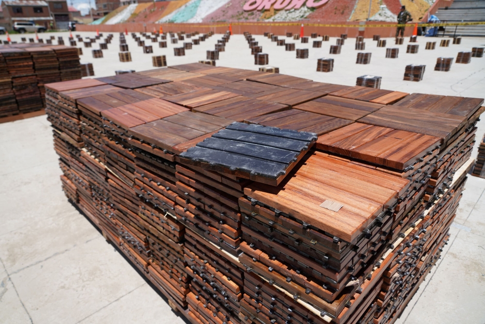 Drugs hidden in wooden flooring materials found in a truck are displayed to the media, in Oruro, Bolivia January 5, 2024. — Bolivia Ministry of Communications/Handout via Reuters