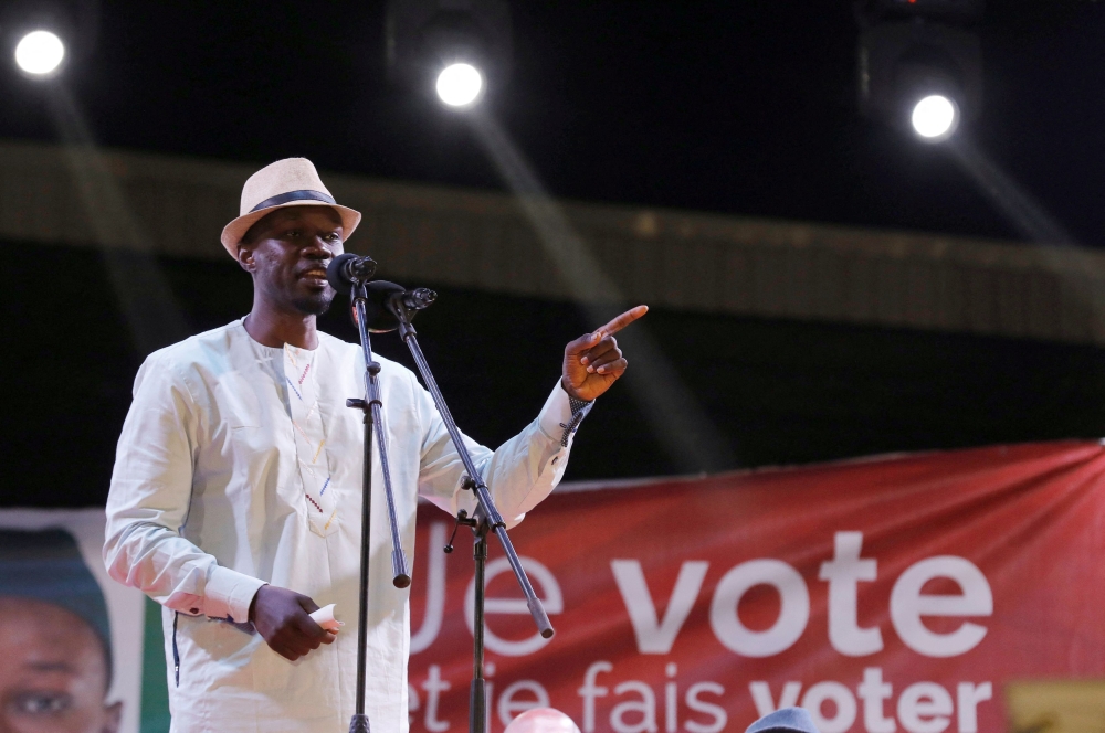 Ousmane Sonko gives a speech during a campaign rally in Pikine, on the outskirts of Dakar, Senegal February 21, 2019. — Reuters file pic
