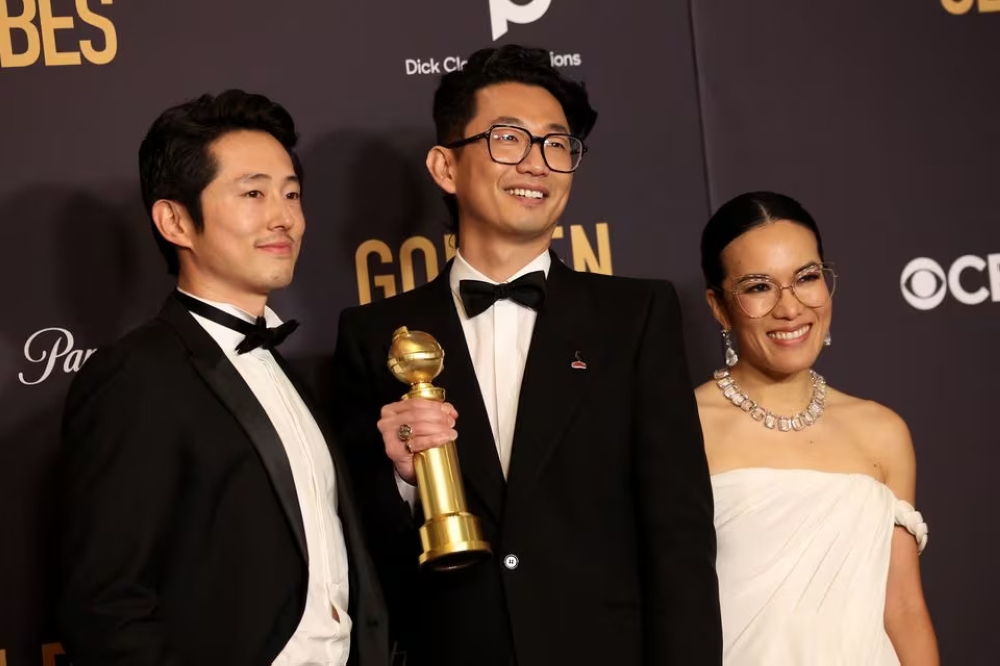 'Beef' creator Lee Sung Jin poses with the award for Best Television Limited Series, Anthology Series or Motion Picture Made for Television with fellow winners Yeun and Wong — Photo by Reuters