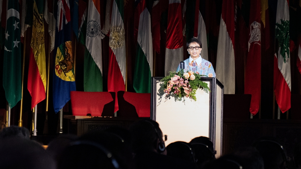 Indonesian Foreign Minister Retno Marsudi speaks during the presentation of a report on Indonesia’s diplomatic achievements in Bandung, Indonesia, January 8, 2024. — Bernama pic  