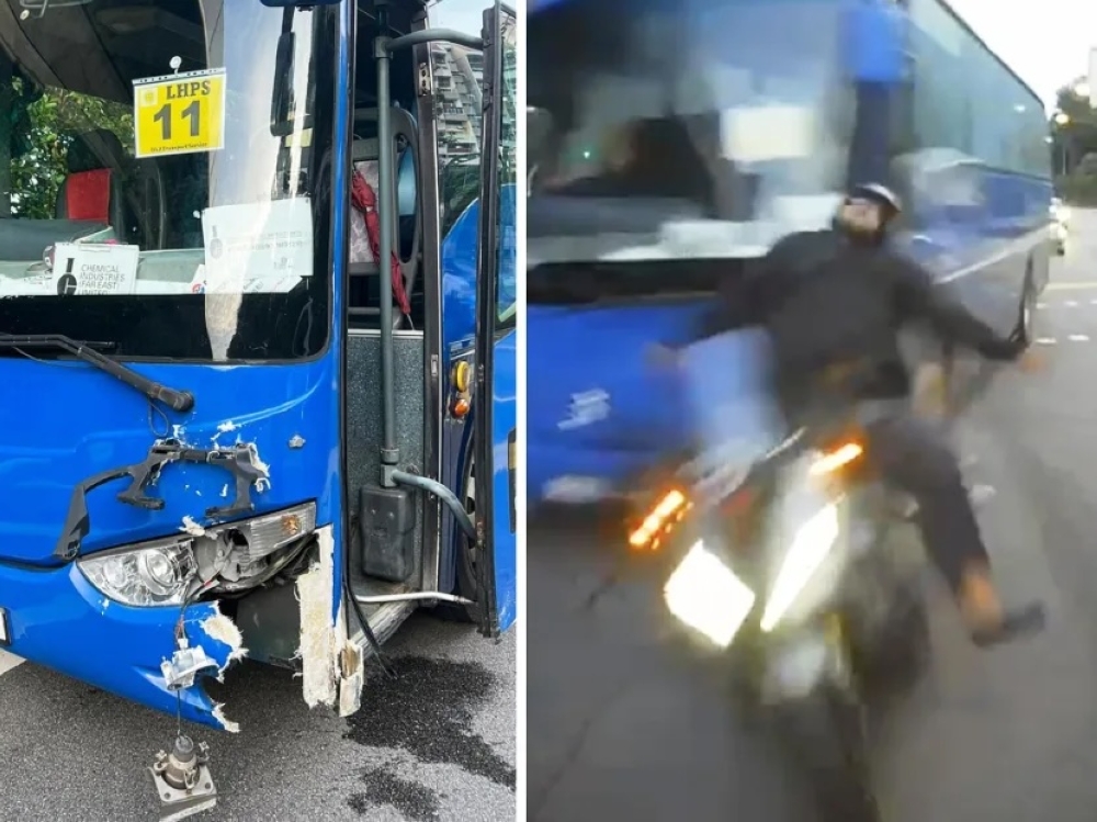 Screenshots from a video showing a collision between a bus and motorcyclist at the junction of Clementi Avenue 6 and Commonwealth Avenue West. — Social media pic via TODAY