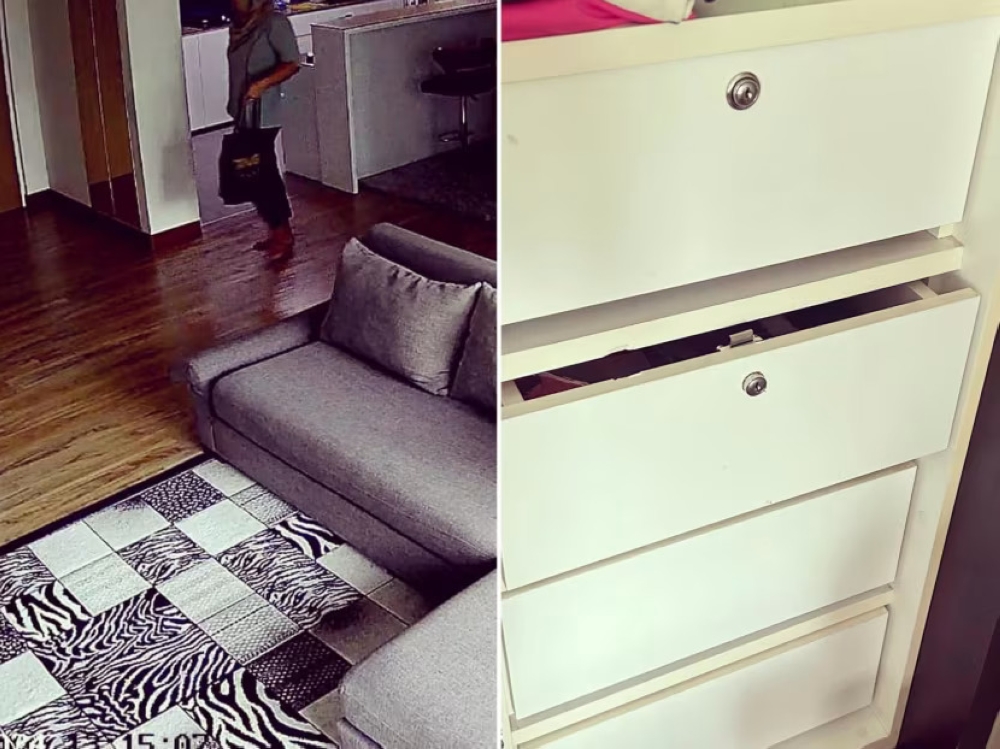 In-house surveillance footage of Maemanah at her employer's home (left) and the tampered drawer (right) where she retrieved her passport. — TODAY pic