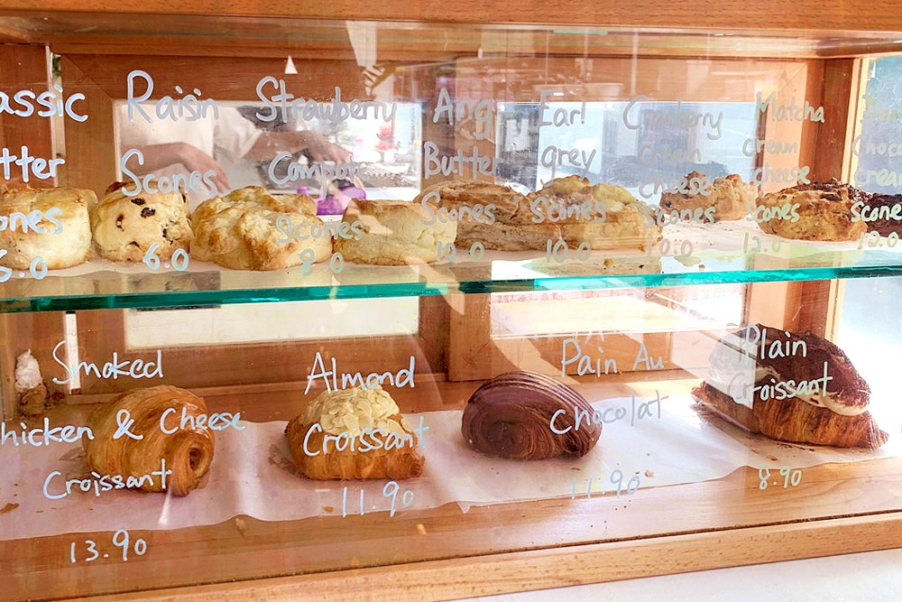 Freshly baked pastries on display.