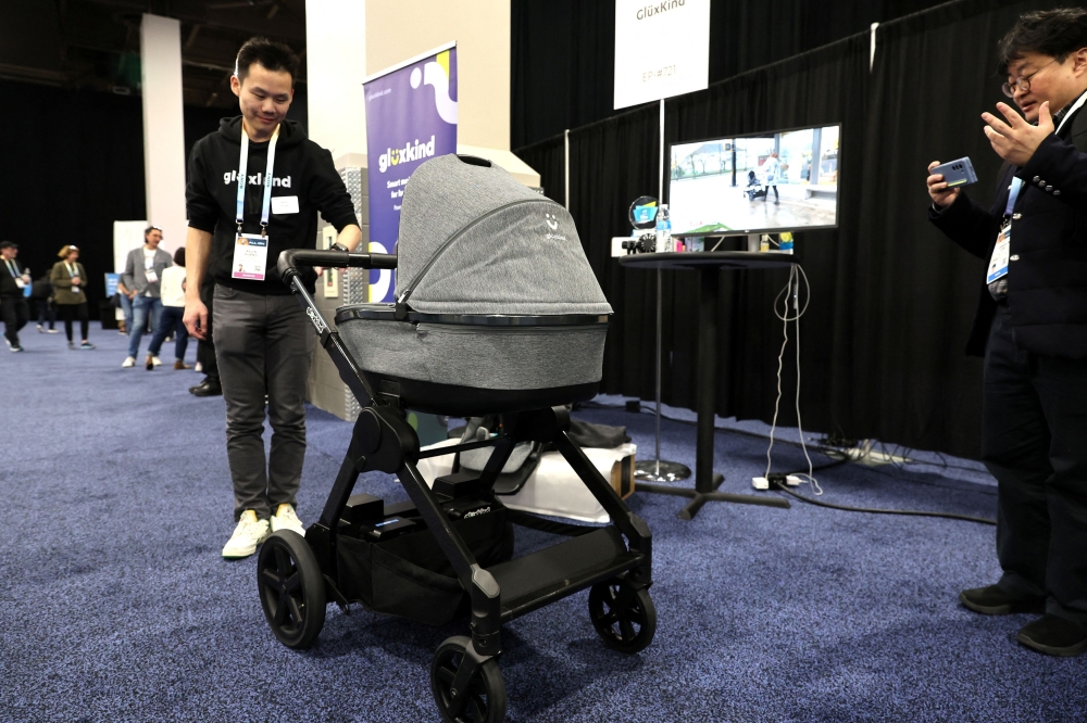 A Gluxkind battery-powered electric smart stroller with AI is displayed during the CES Unveiled press event at CES 2024, an annual consumer electronics trade show, in Las Vegas, Nevada January 7, 2024. — Reuters pic