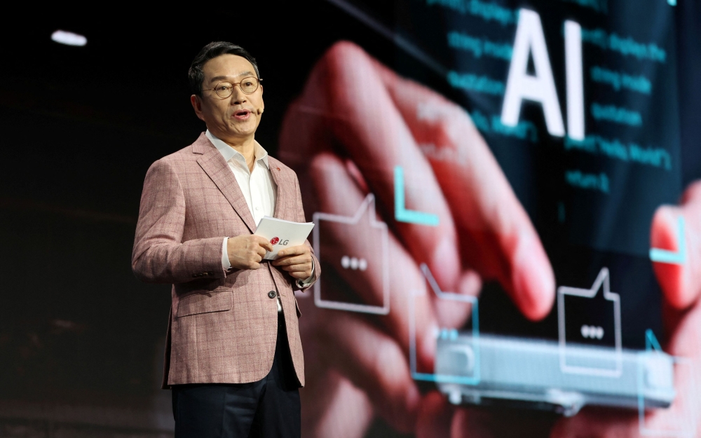 William (Joowan) Cho, CEO of LG Electronics, speaks on artificial intelligence during a LG Electronics news conference at CES 2024, an annual consumer electronics trade show, in Las Vegas January 8, 2024. — Reuters pic