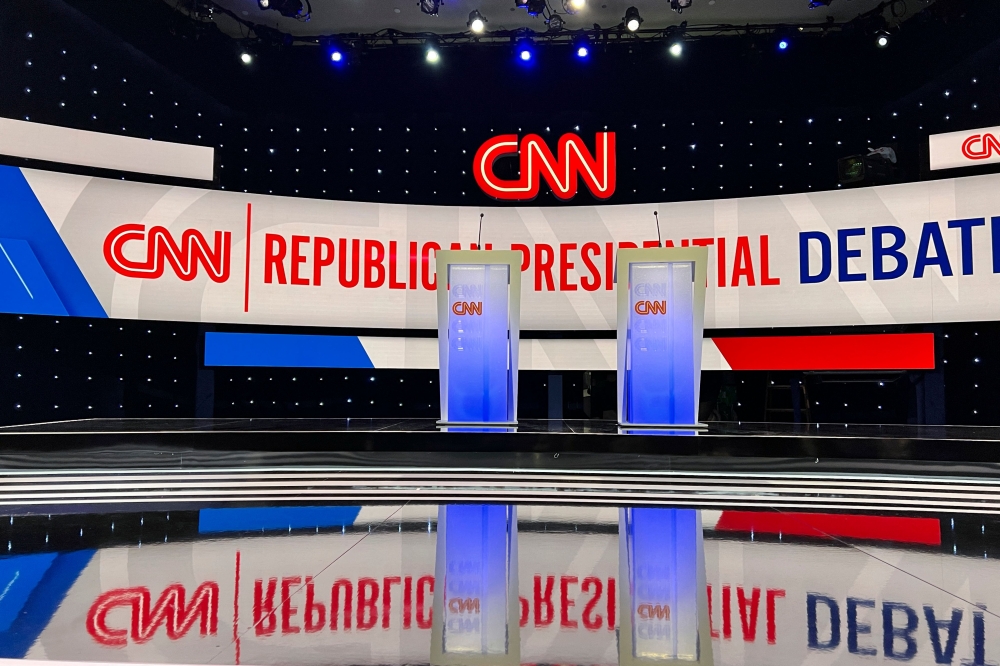 The stage is set prior to the start of the presidential debate hosted by CNN and moderated by journalists Dana Bash and Jake Tapper at Drake University in Des Moines, Iowa on January 10, 2024. — AFP pic