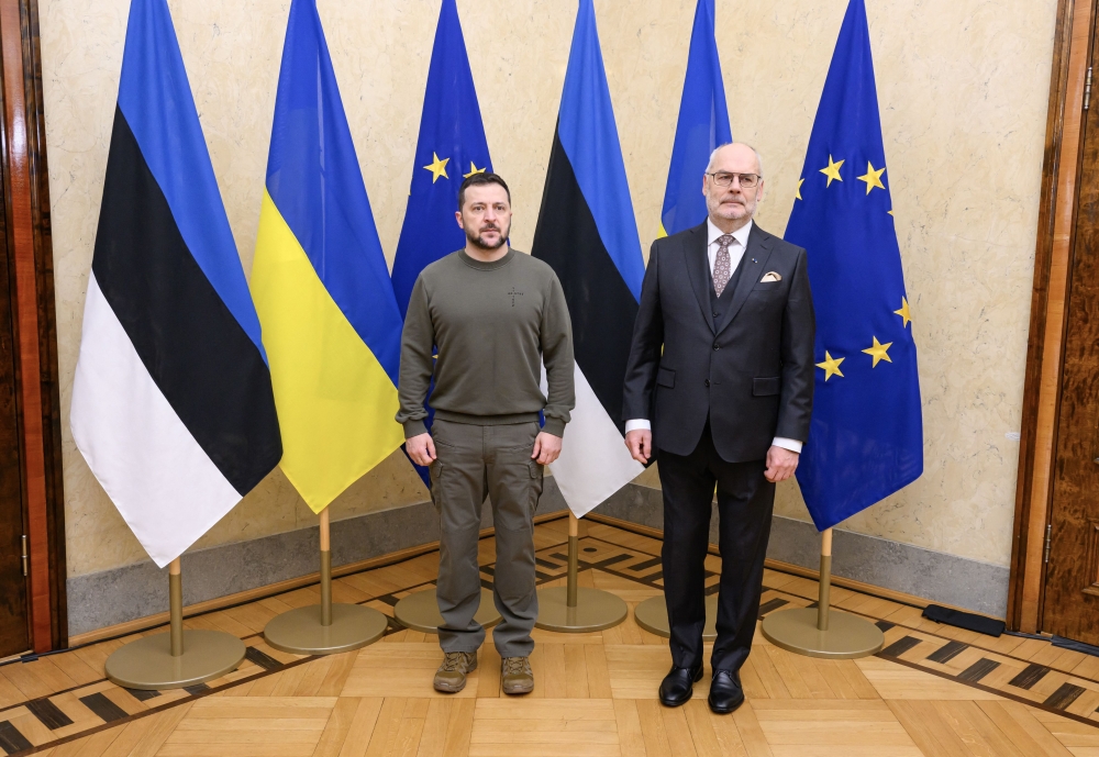 Ukraine's President Volodymyr Zelensky (left) and Estonia's President Alar Karis pose for photographers as they meet in Tallinn, Estonia January 11, 2024. Ukraine's President Volodymyr Zelensky was in Estonia today on the second leg of a Baltic tour aimed at boosting flagging support in his country's fight against Russia. — AFP pic 