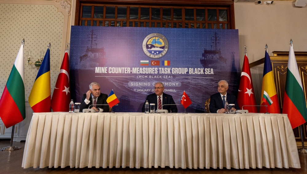 Turkish Defence Minister Yasar Guler, his Romanian counterpart Angel Tilvar and Bulgaria's Deputy Defence Minister Atanas Zapryanov attend a signing ceremony of a memorandum of understanding on establishing a mine countermeasures naval group in the Black Sea, aimed at clearing mines floating there as a result of the war in Ukraine, in Istanbul January 11, 2024. — Reuters pic  