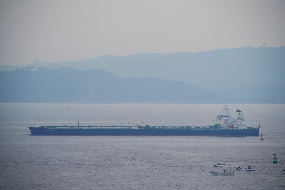 St Nikolas ship X1 oil tanker involved in US-Iran dispute in the Gulf of Oman which state media says was seized is seen in the Tokyo bay, Japan, October 4, 2020, in this handout picture. — Daisuke Nimura/Handout via  Reuters pic