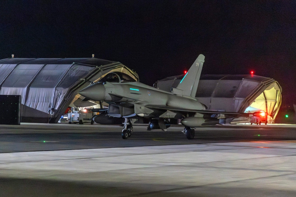 A handout picture released by the British Ministry of Defence (MOD) on February 14, 2022 shows the return of RAF Typhoon aircraft at RAF Akrotiri in Cyprus, after striking military targets in Yemen, early on Januray 12, 2024. — Sgt Lee Goddard / MOD / AFP pic
