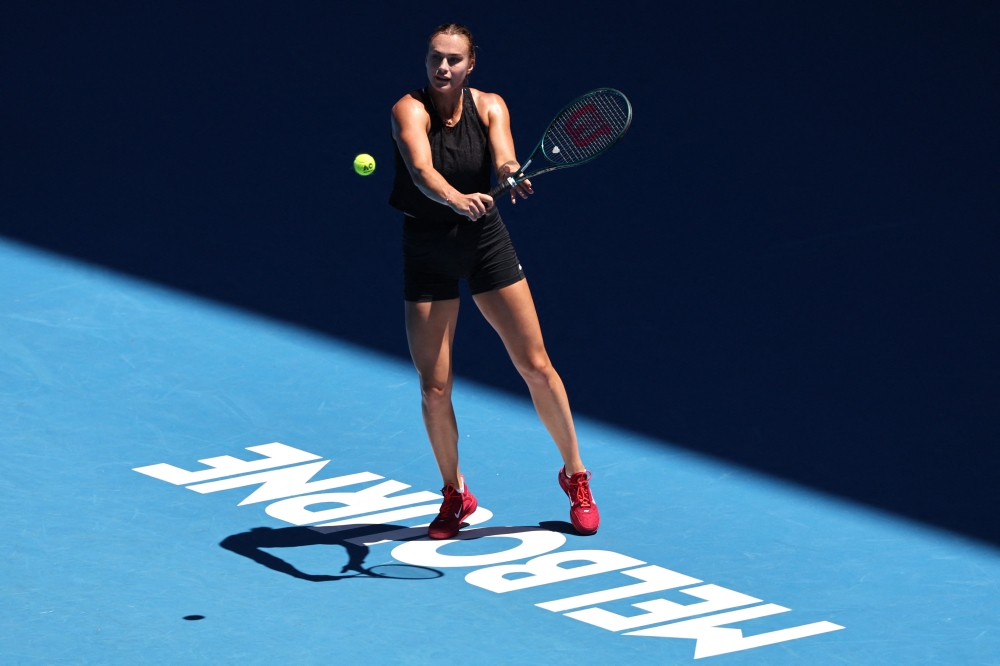 Belarus’ Aryna Sabalenka attends a practice session in Melbourne on January 12, 2024 ahead of the Australian Open tennis championship starting on January 14. — AFP pic