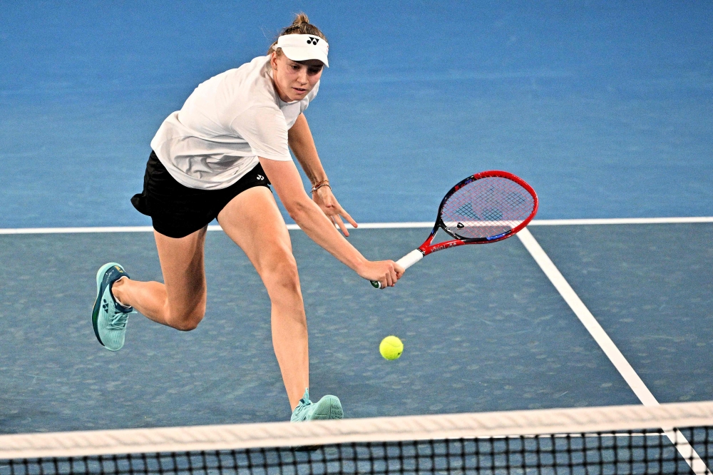 Kazakhstan’s Elena Rybakina hits a return during a practice session in Melbourne on January 13, 2024 ahead of the Australian Open tennis championship starting on January 14. — AFP pic