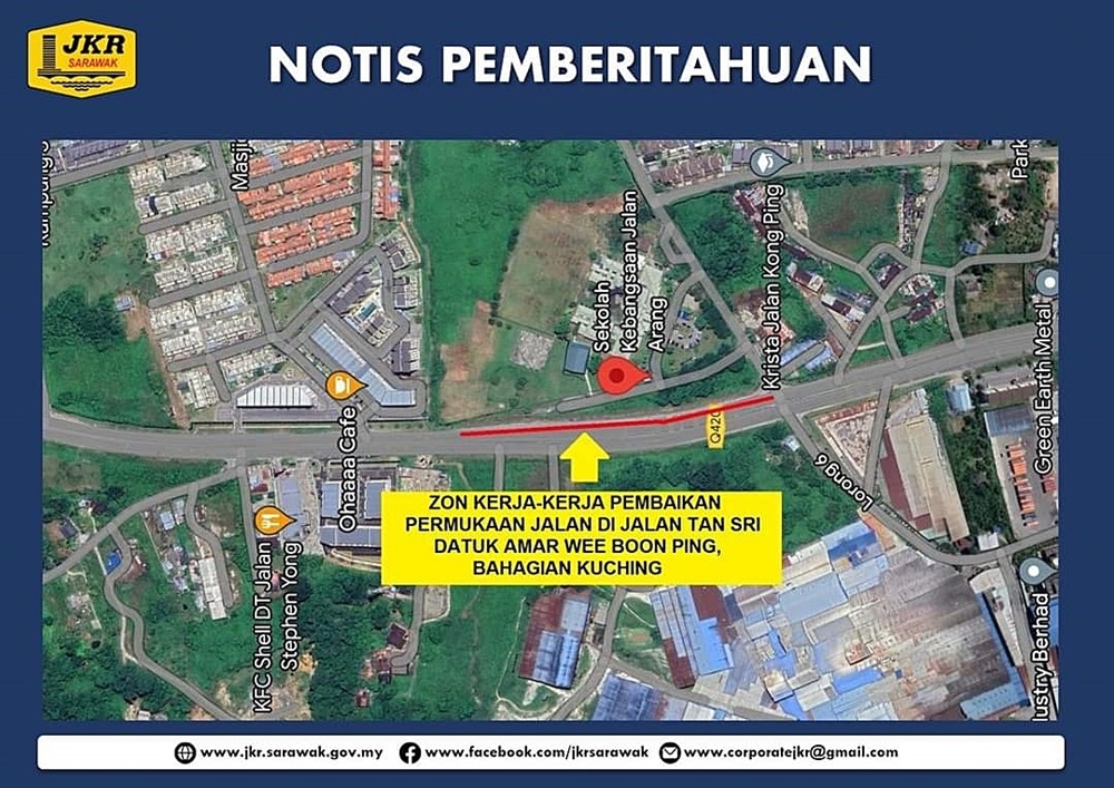 The notice from Sarawak Public Works Department (JKR) showing the affected road. — Picture via Facebook/JKR Sarawak 