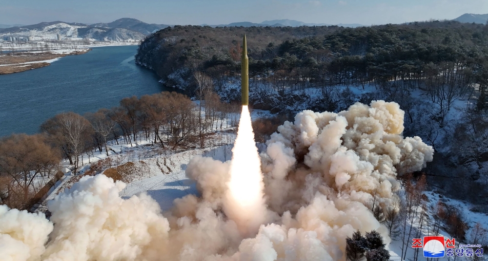 This picture taken on January 14, 2024 and released from North Korea's official Korean Central News Agency (KCNA) via KNS on January 15, 2024 shows the test-firing of an intermediate-range solid-fuel ballistic missile at an unconfirmed location in North Korea. — KCNA via KNS /AFP pic