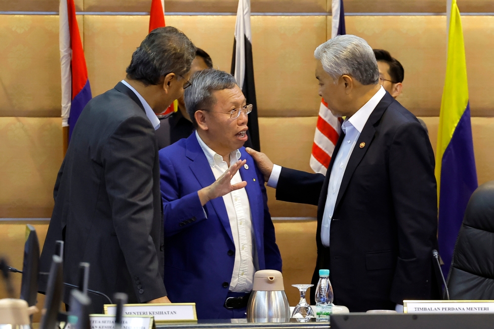 Deputy Prime Minister Datuk Seri Dr Ahmad Zahid Hamidi with Sarawak Deputy Premier Datuk Seri Dr Sim Kui Hian before chairing the Cabinet Committee Meeting on Dengue Number 1/2024 at the Perdana Putra Building in Putrajaya, January 15, 2024. — Bernama pic