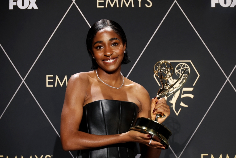 Ayo Edebiri poses with the Supporting Actress in a Comedy Series award for ‘The Bear’ at the 75th Primetime Emmy Awards in Los Angeles, California January 15, 2024. ― Reuters pic