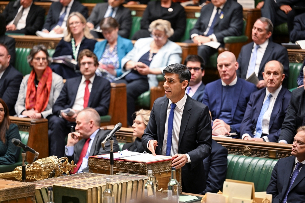 Britain's Prime Minister Rishi Sunak delivers a ministerial statement titled ‘Defending the UK and our allies in a more dangerous world’ in the House of Commons, in London January 15, 2024. ― UK Parliament/Jessica Taylor/Handout via Reuters