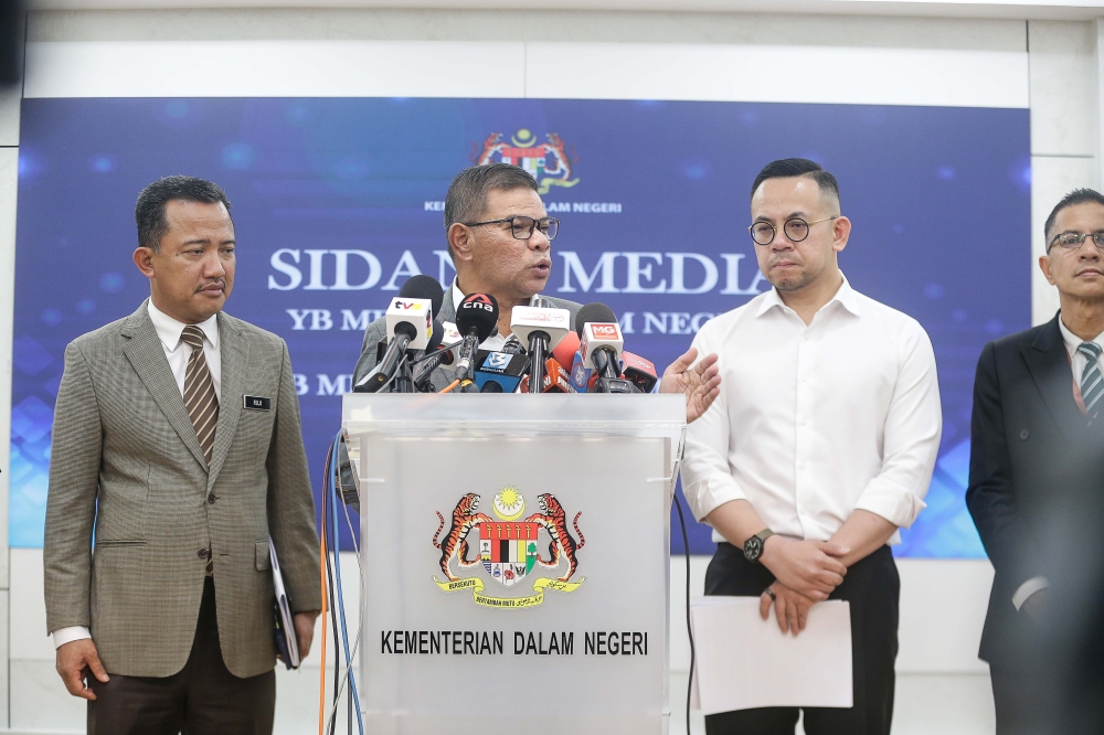 Home Minister Datuk Seri Saifuddin Nasution speaks to the press after the joint meeting with Human Resources Ministry at the Home Ministry in Putrajaya, January 16, 2024. — Picture by Sayuti Zainudin 
