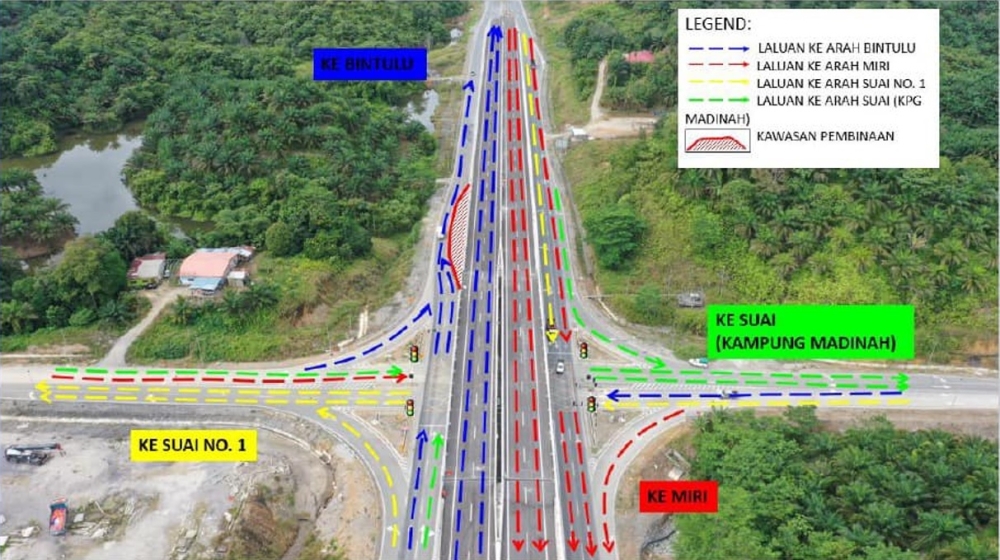 Handout photo shows the traffic flow for the Suai interchange.  —  Picture via Facebook/Cawangan Lebuhraya Pan Borneo JKR Sarawak
