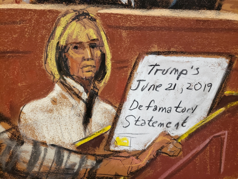 E. Jean Carroll watches as her lawyer Shawn Crowley opens in the second civil trial after Carroll accused former U.S. President Donald Trump of raping her decades ago, at Manhattan Federal Court in New York City, January 16, 2024 in this courtroom sketch.  — Reuters pic