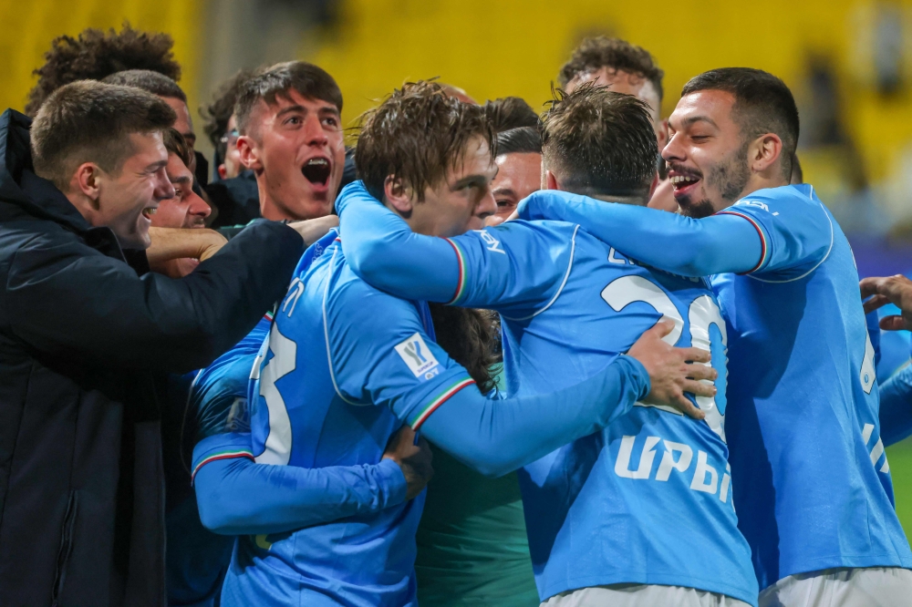 Napoli's players celebrate their goal during the Italian Super Cup semi final football match between Napoli and Fiorentina at Al-Awwal Park Stadium in Riyadh, on January 18, 2024. — AFP pic