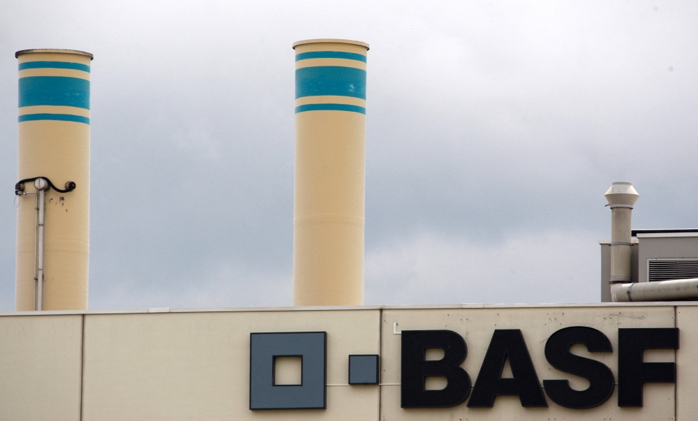 A logo is seen on the facade of the BASF plant and former Ciba production site in Schweizerhalle near Basel July 7, 2009. — Reuters pic  